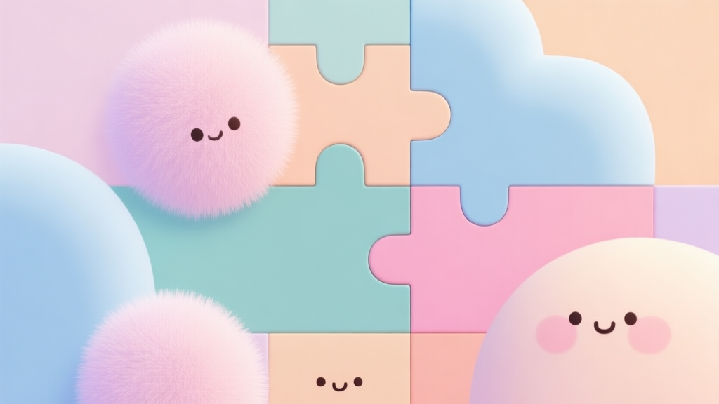 Abstract geometric composition with overlapping soft, fluffy shapes in pastel colors, clean minimal style, representing cute puzzle game concept high quality illustration, detailed, 16:9