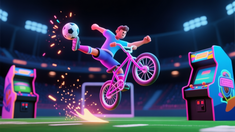 自动生成图片: Dynamic, stylized arcade football game scene with a player in mid-air performing a spectacular bicycle kick, vibrant neon colors against a dark stadium background, particle effects highlighting the ball's trajectory, in a modern 3D cartoonish style high quality illustration, detailed, 16:9