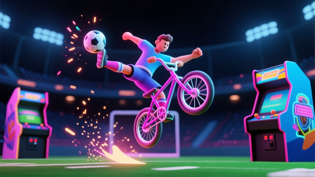 Dynamic, stylized arcade football game scene with a player in mid-air performing a spectacular bicycle kick, vibrant neon colors against a dark stadium background, particle effects highlighting the ball's trajectory, in a modern 3D cartoonish style high quality illustration, detailed, 16:9