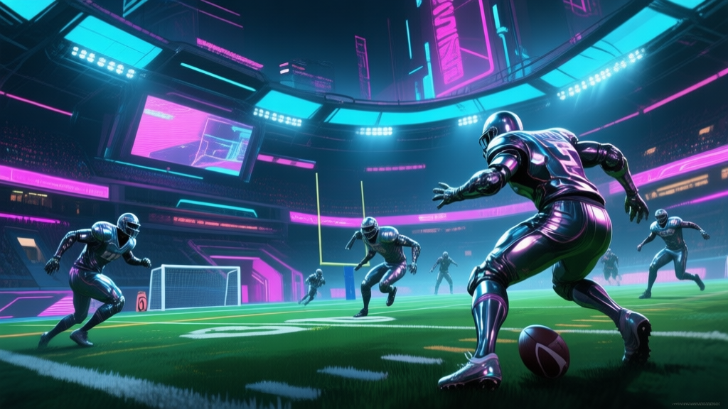 Futuristic football stadium with neon lights and metallic players in action, dynamic gameplay scene, cyberpunk aesthetic, high-energy sports battle, cinematic video game art style high quality illustration, detailed, 16:9