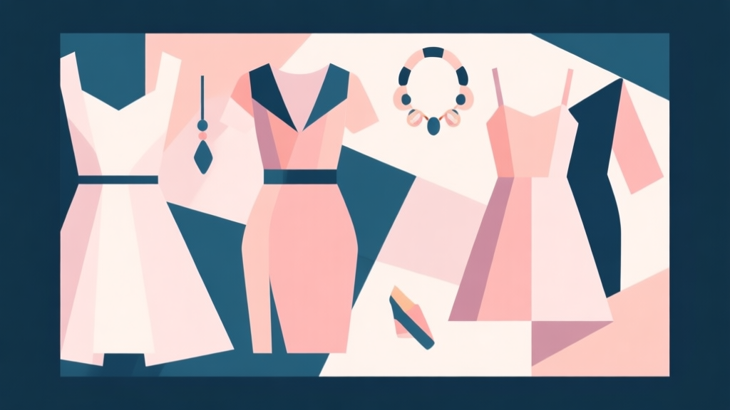 Abstract geometric composition with overlapping shapes representing fashion items like dresses and accessories, soft pastel colors, modern minimal style, professional trend analysis concept illustration high quality illustration, detailed, 16:9