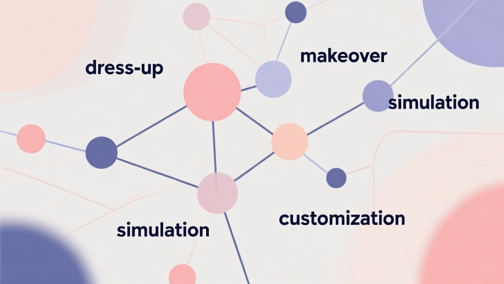 Abstract network nodes connected by lines labeled with keywords like "dress-up", "makeover", "simulation", "customization", soft color scheme, clean minimal illustration, modern digital concept high quality illustration, detailed, 16:9