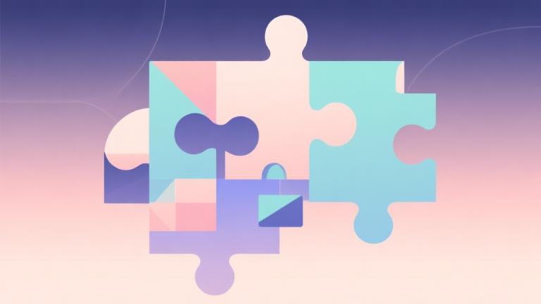 自动生成图片: Abstract geometric composition with overlapping shapes representing puzzle and simulation elements, soft pastel colors, modern minimal style, professional game concept illustration high quality illustration, detailed, 16:9