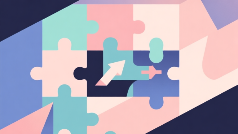 自动生成图片: Abstract geometric composition with overlapping shapes representing puzzle and action elements, soft pastel colors, modern minimal style, professional game concept illustration high quality illustration, detailed, 16:9