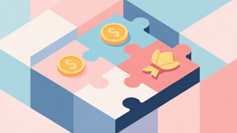 自动生成图片: Abstract geometric composition with overlapping shapes, soft pastel colors, modern minimal style, professional business concept illustration of a puzzle with coins and rewards high quality illustration, detailed, 16:9