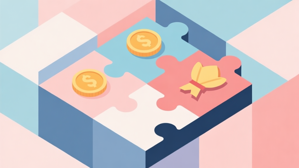 Abstract geometric composition with overlapping shapes, soft pastel colors, modern minimal style, professional business concept illustration of a puzzle with coins and rewards high quality illustration, detailed, 16:9