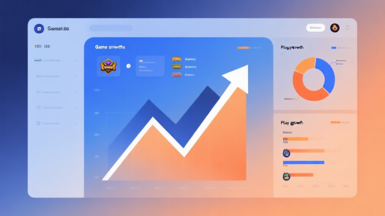 自动生成图片: Minimalist business dashboard with abstract data visualization showing upward trends and pie charts, soft gradient background in blue and orange, professional color scheme, clean geometric shapes representing game genres and player growth high quality illustration, detailed, 16:9