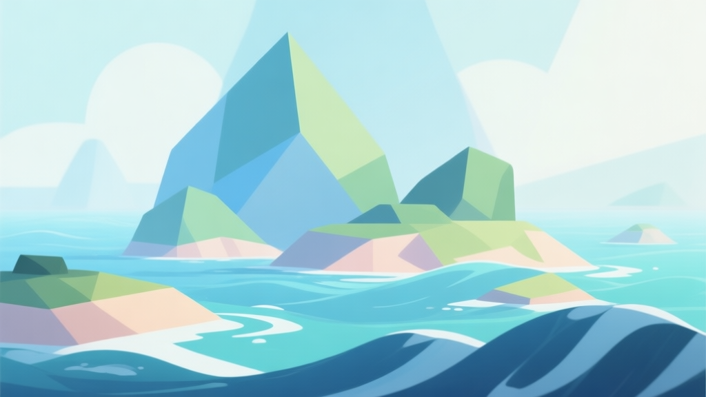 Abstract geometric composition with overlapping shapes representing islands and ocean waves, soft pastel colors of blue and green, modern minimal style, professional game concept illustration high quality illustration, detailed, 16:9