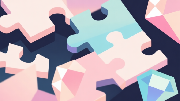 自动生成图片: Abstract geometric composition with overlapping puzzle pieces and gem shapes, soft pastel colors, modern minimal style, professional game concept illustration high quality illustration, detailed, 16:9