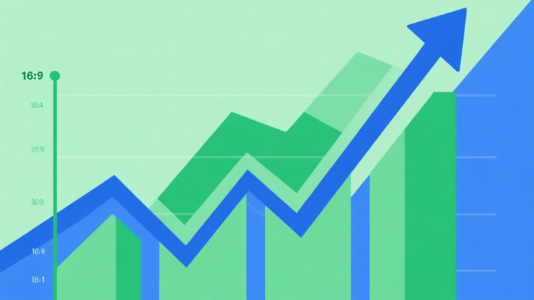 自动生成图片: Upward trending graph with simple geometric elements, green and blue color palette, clean business infographic style, minimal design, representing market growth high quality illustration, detailed, 16:9