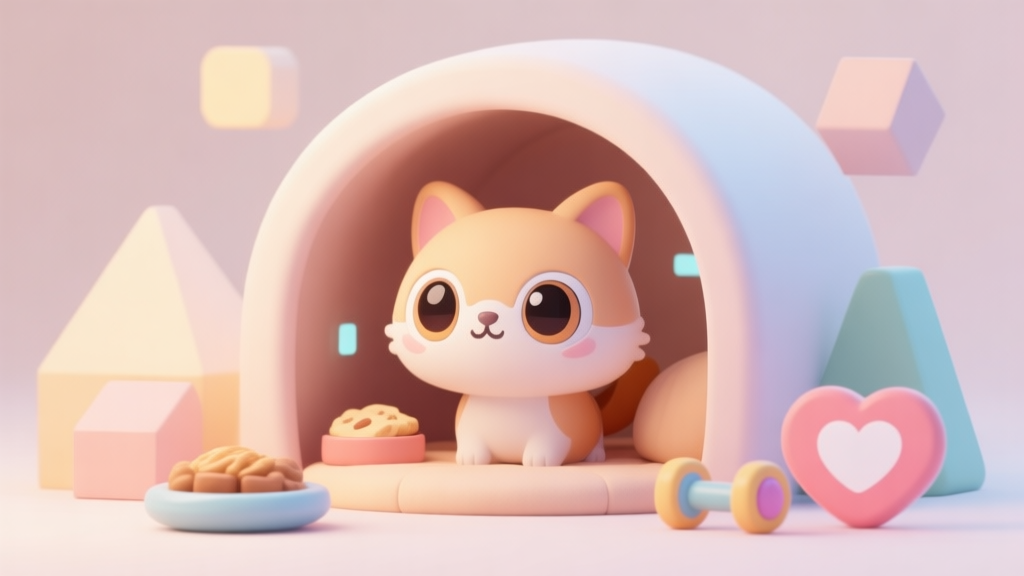 A cute, stylized 3D virtual pet with large expressive eyes inside a cozy digital habitat, surrounded by simple geometric shapes representing food, toys, and a heart icon. Soft pastel colors, clean and warm illustration style. high quality illustration, detailed, 16:9