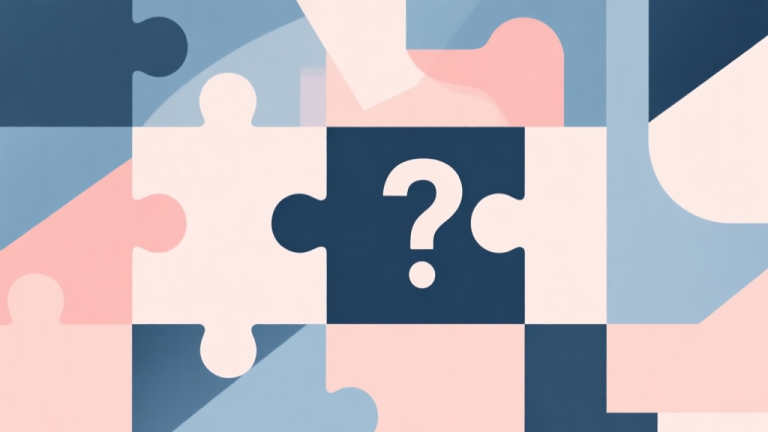 自动生成图片: Abstract geometric composition with overlapping shapes representing puzzle pieces and question marks, soft pastel colors, modern minimal style, professional business concept illustration for analysis and speculation high quality illustration, detailed, 16:9