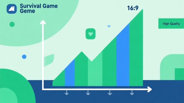 自动生成图片: Upward trending graph with simple geometric elements, green and blue color palette, clean business infographic style, minimal design, showing growth of survival game genre high quality illustration, detailed, 16:9