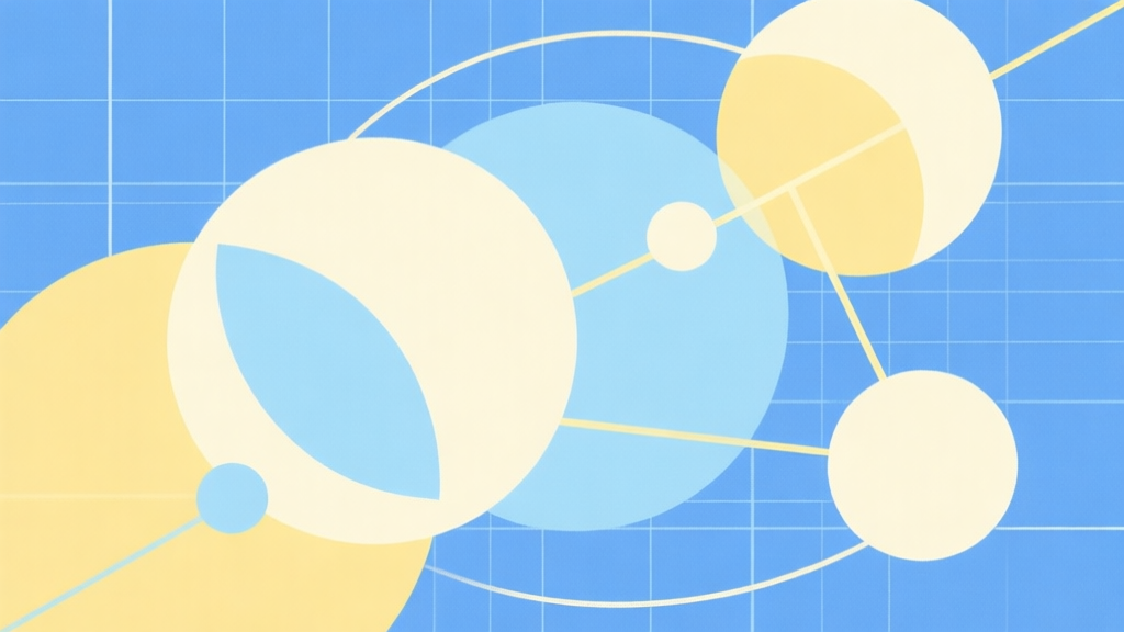 Abstract geometric composition with overlapping circles and lines on a grid, soft blue and yellow pastel colors, modern minimal style, representing strategic connection and gameplay high quality illustration, detailed, 16:9