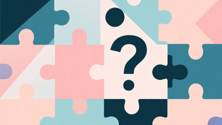 自动生成图片: Abstract geometric composition with overlapping shapes representing puzzle pieces and question marks, soft pastel colors, modern minimal style, professional concept illustration for mystery and analysis high quality illustration, detailed, 16:9