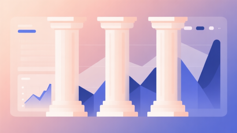 自动生成图片: Minimalist business dashboard with abstract data visualization showing three pillars, soft gradient background, professional color scheme, clean geometric shapes, flat design style high quality illustration, detailed, 16:9