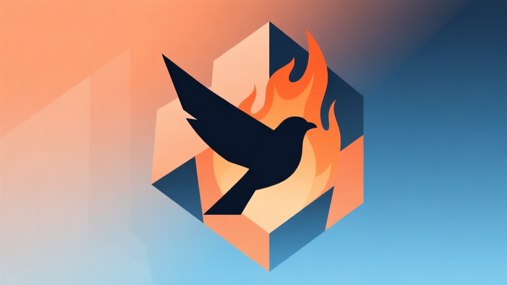 Abstract geometric composition with a fiery bird silhouette emerging from geometric shapes, soft orange and blue gradient background, modern minimal style, professional gaming concept illustration high quality illustration, detailed, 16:9