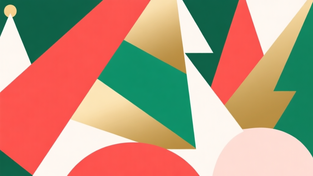 Abstract geometric composition with overlapping shapes in red, green, gold, and white, soft pastel colors, modern minimal style, festive holiday concept illustration high quality illustration, detailed, 16:9