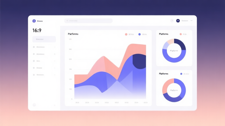 自动生成图片: Minimalist business dashboard with abstract data visualization comparing multiple platforms, soft gradient background, professional color scheme, clean geometric shapes, flat design style high quality illustration, detailed, 16:9