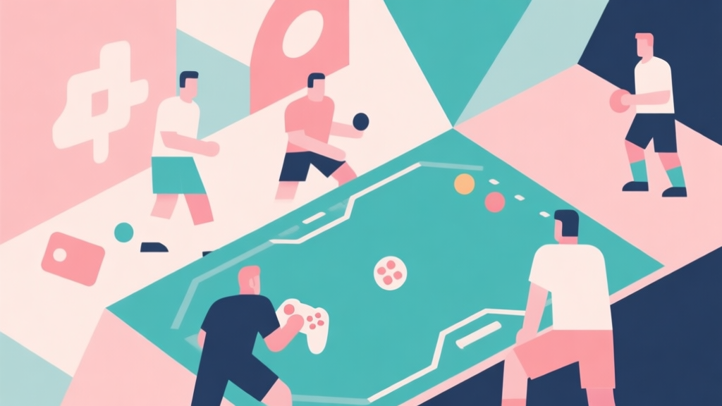 Abstract geometric composition with overlapping shapes representing players and game elements, soft pastel colors, modern minimal style, professional concept illustration of gaming psychology high quality illustration, detailed, 16:9