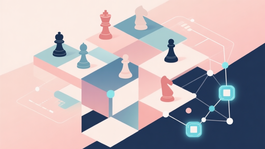 Abstract geometric composition with overlapping shapes representing traditional board game pieces merging with digital nodes and connections, soft pastel colors, modern minimal style, professional concept illustration of digital transformation high quality illustration, detailed, 16:9