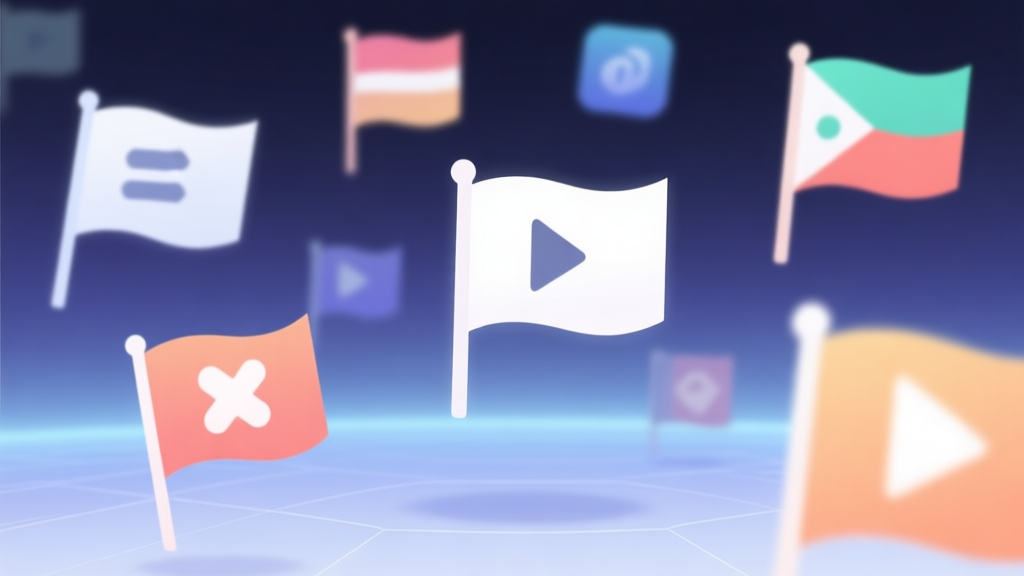 A collection of various minimalist flag icons floating in a digital space, each with a distinct simple symbol, soft gradient background, clean geometric design, representing different in-game functions high quality illustration, detailed, 16:9
