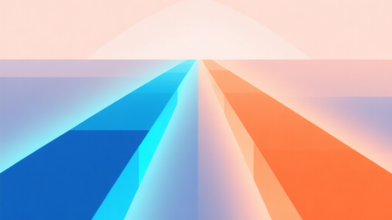 自动生成图片: Abstract geometric composition with two diverging paths, one glowing blue and one glowing orange, soft pastel background, modern minimal style, professional concept illustration of choice and consequence high quality illustration, detailed, 16:9