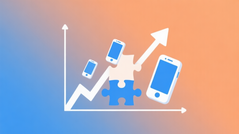 自动生成图片: Upward trending graph with puzzle pieces and mobile phone icons, soft gradient background of orange and blue, clean minimal design, modern digital growth concept high quality illustration, detailed, 16:9
