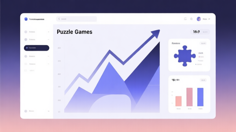 自动生成图片: Minimalist business dashboard with abstract data visualization showing upward trend for puzzle games, soft gradient background, professional color scheme, clean geometric shapes, flat design style high quality illustration, detailed, 16:9