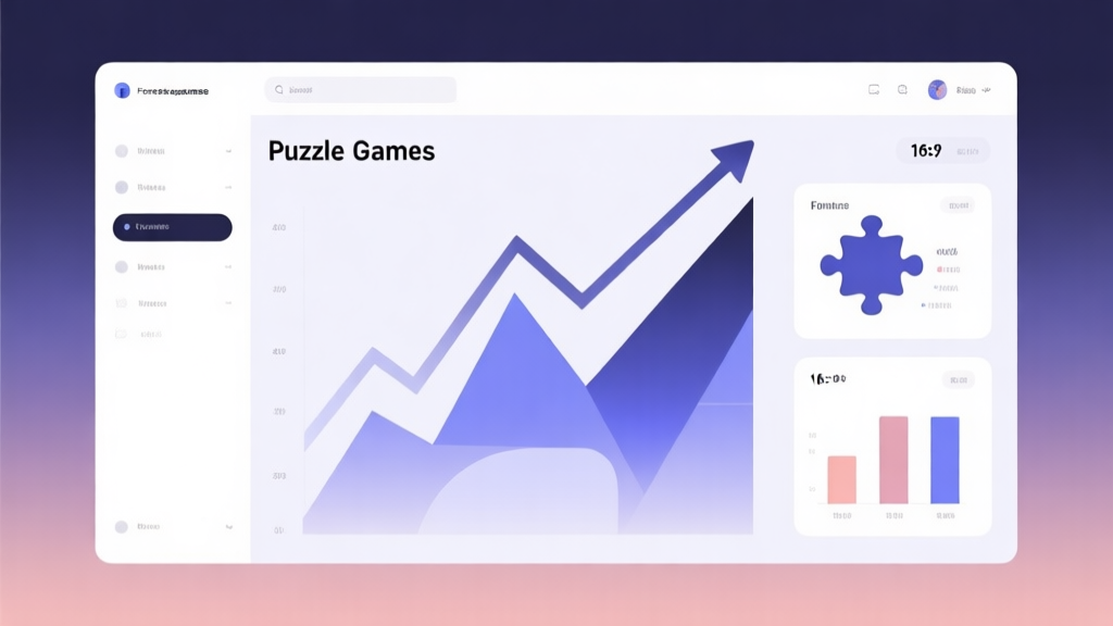 Minimalist business dashboard with abstract data visualization showing upward trend for puzzle games, soft gradient background, professional color scheme, clean geometric shapes, flat design style high quality illustration, detailed, 16:9