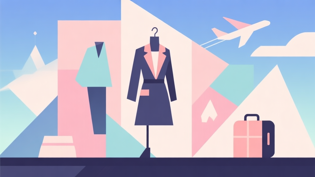 Abstract geometric composition with overlapping shapes representing fashion and travel, soft pastel colors, modern minimal style, professional game concept illustration high quality illustration, detailed, 16:9