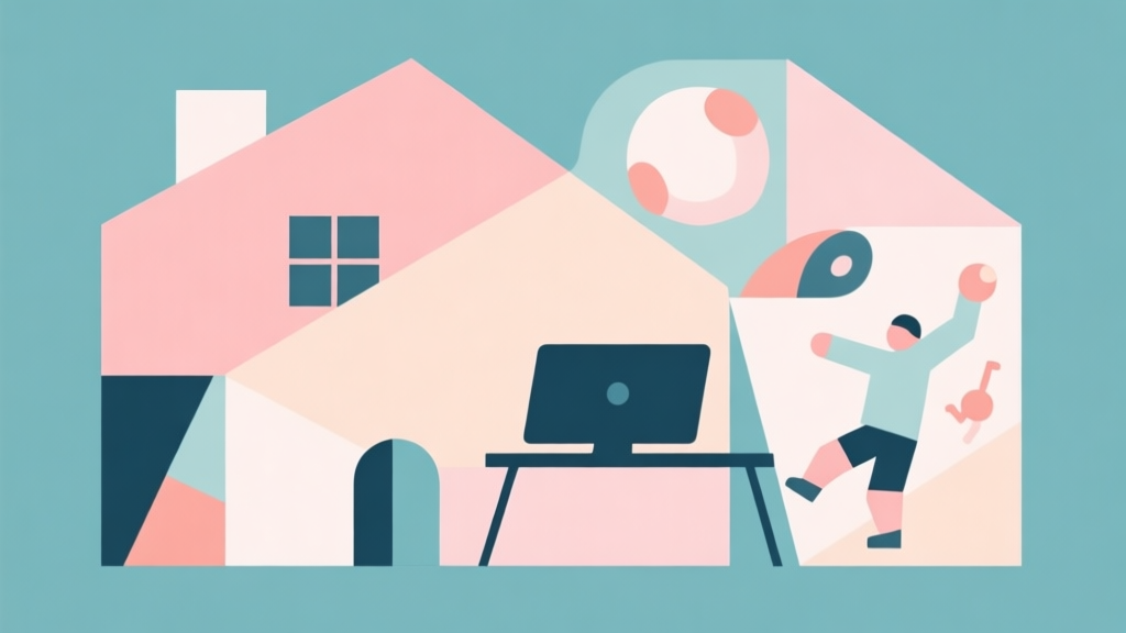 Abstract geometric composition with overlapping shapes representing home, work, and play, soft pastel colors, modern minimal style, professional concept illustration high quality illustration, detailed, 16:9