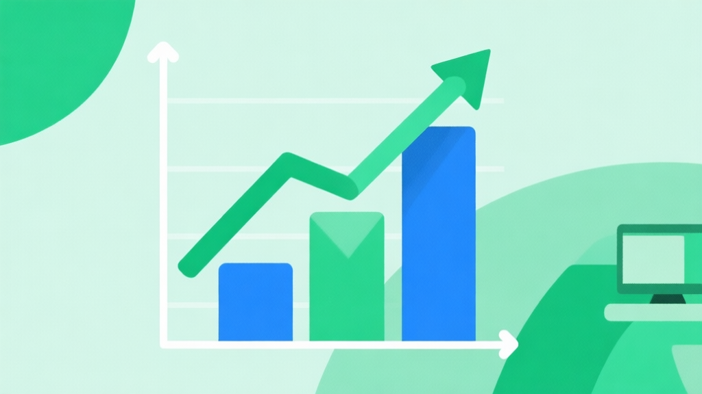 Upward trending graph with simple geometric elements, green and blue color palette, clean business infographic style, minimal design, showing growth of simulation games high quality illustration, detailed, 16:9