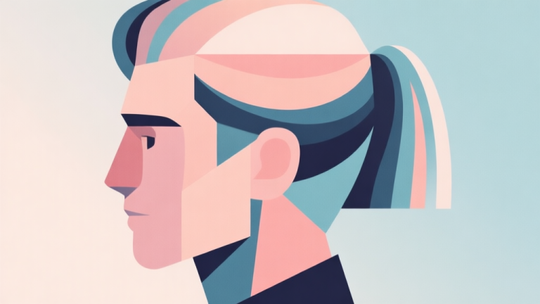 自动生成图片: Abstract geometric composition with overlapping shapes forming a character head with changing hairstyles, soft pastel colors, modern minimal style, professional digital trend illustration high quality illustration, detailed, 16:9