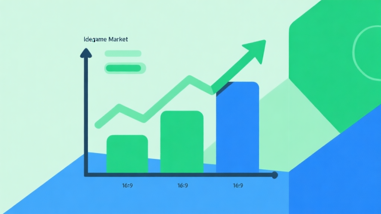 自动生成图片: Upward trending graph with simple geometric elements, green and blue color palette, clean business infographic style, minimal design, representing growth of idle game market high quality illustration, detailed, 16:9