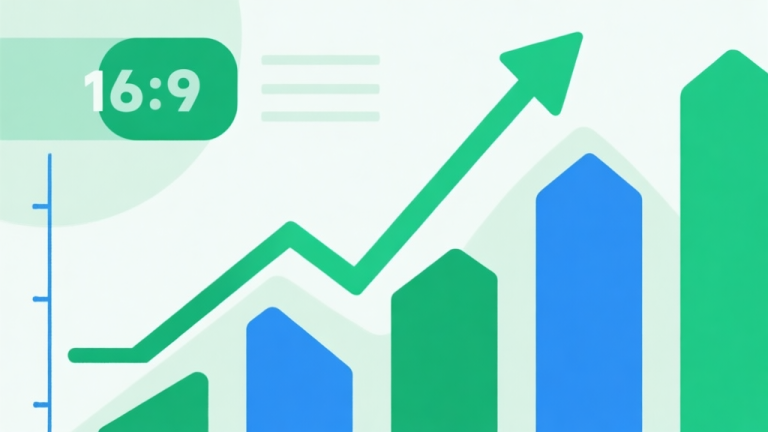 自动生成图片: Upward trending graph with simple geometric elements, green and blue color palette, clean business infographic style, minimal design high quality illustration, detailed, 16:9