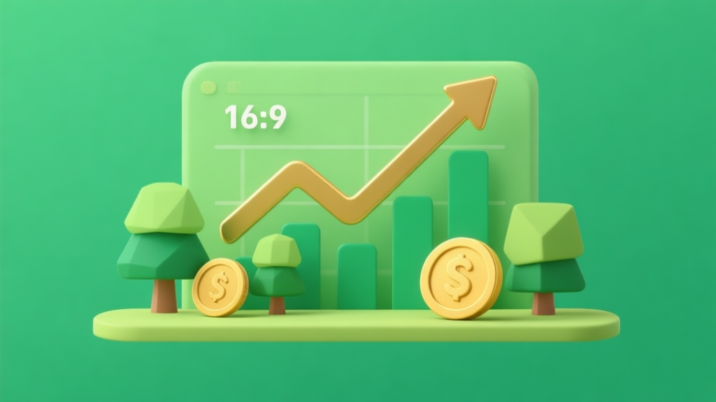 Upward trending graph with simple geometric elements like trees and coins, green and gold color palette, clean game infographic style, minimal design high quality illustration, detailed, 16:9