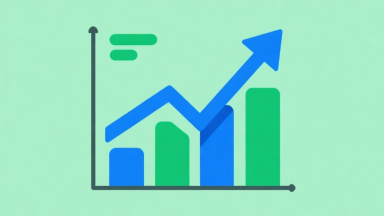 自动生成图片: Upward trending graph with simple geometric elements, green and blue color palette, clean business infographic style, minimal design high quality illustration, detailed, 16:9