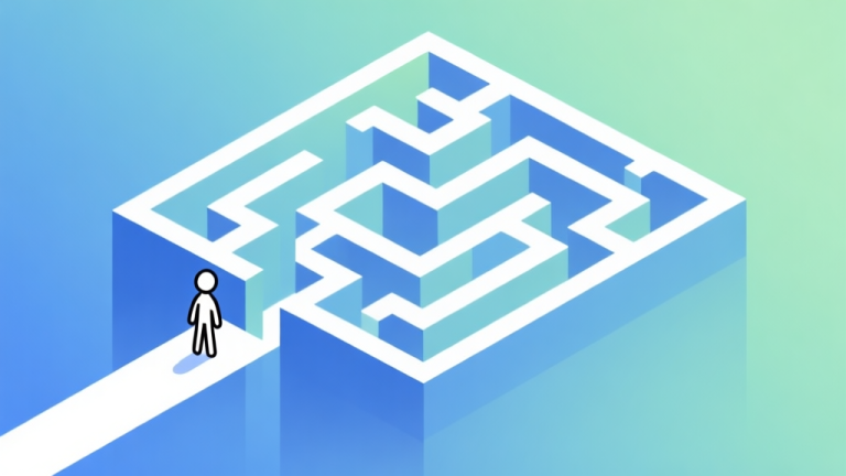自动生成图片: Abstract geometric maze with multiple paths, minimalist stick figure at the start, soft gradient background of blue and green, clean lines, professional game concept illustration high quality illustration, detailed, 16:9