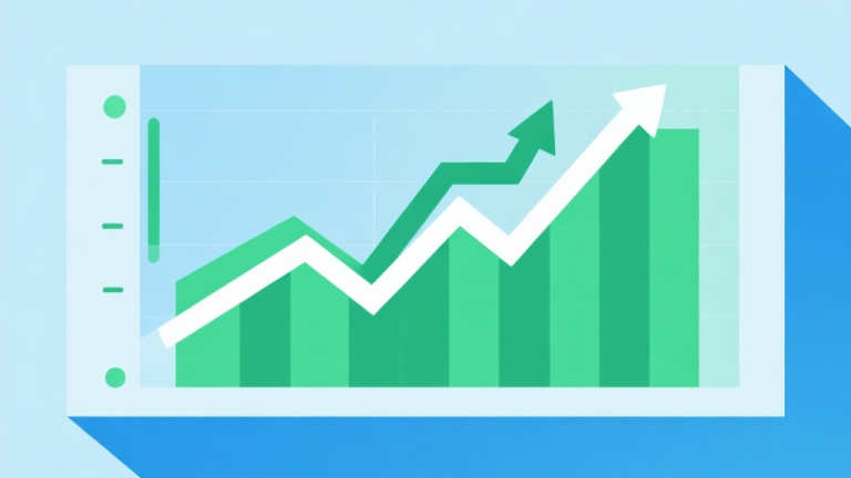 自动生成图片: Upward trending graph with simple geometric elements, green and blue color palette, clean business infographic style, minimal design, representing market growth high quality illustration, detailed, 16:9