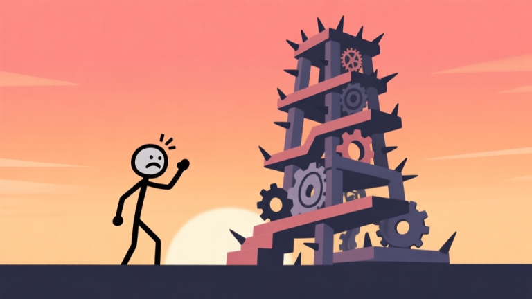 自动生成图片: A minimalist illustration of a frustrated stick figure character facing a complex, towering obstacle course with gears and spikes, in a flat design style with a gradient sunset background, conveying challenge and determination high quality illustration, detailed, 16:9