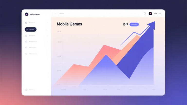自动生成图片: Minimalist business dashboard with abstract data visualization showing upward trend for mobile games, soft gradient background, professional color scheme, clean geometric shapes, flat design style high quality illustration, detailed, 16:9