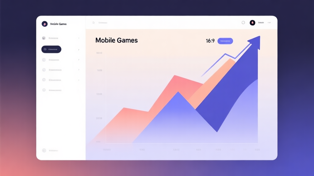Minimalist business dashboard with abstract data visualization showing upward trend for mobile games, soft gradient background, professional color scheme, clean geometric shapes, flat design style high quality illustration, detailed, 16:9