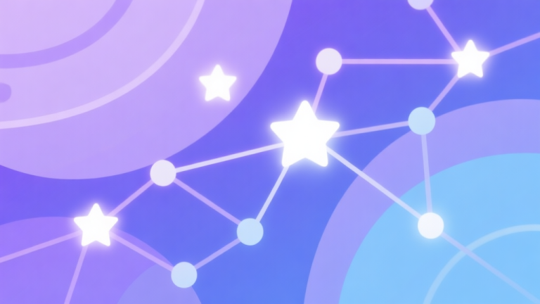 自动生成图片: Abstract network nodes connected by lines and glowing stars, soft purple and blue color scheme, clean minimal illustration, modern digital gaming concept high quality illustration, detailed, 16:9