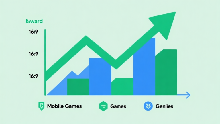 自动生成图片: Upward trending graph with simple geometric elements representing mobile game genres, green and blue color palette, clean business infographic style, minimal design high quality illustration, detailed, 16:9