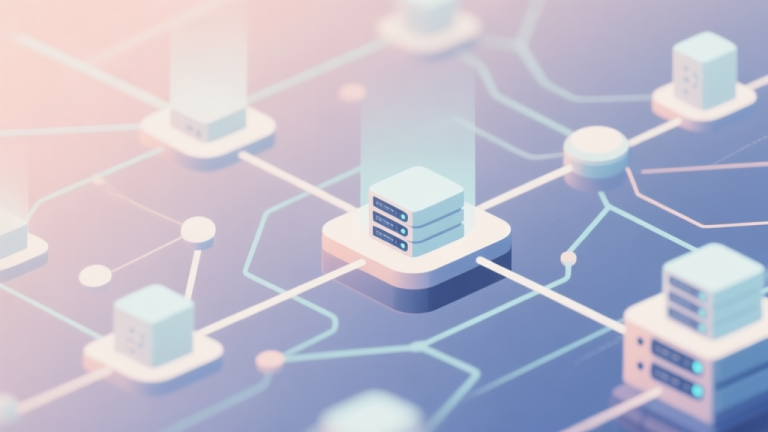 自动生成图片: Abstract network nodes connected by lines, soft color scheme, clean minimal illustration, modern digital concept of game servers and connectivity high quality illustration, detailed, 16:9