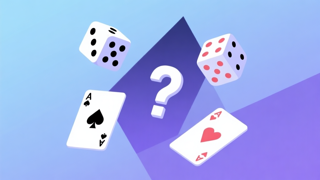 Abstract geometric composition with dice, cards, and question mark symbols floating in a soft gradient blue and purple background, clean minimal design, concept of luck and strategy high quality illustration, detailed, 16:9