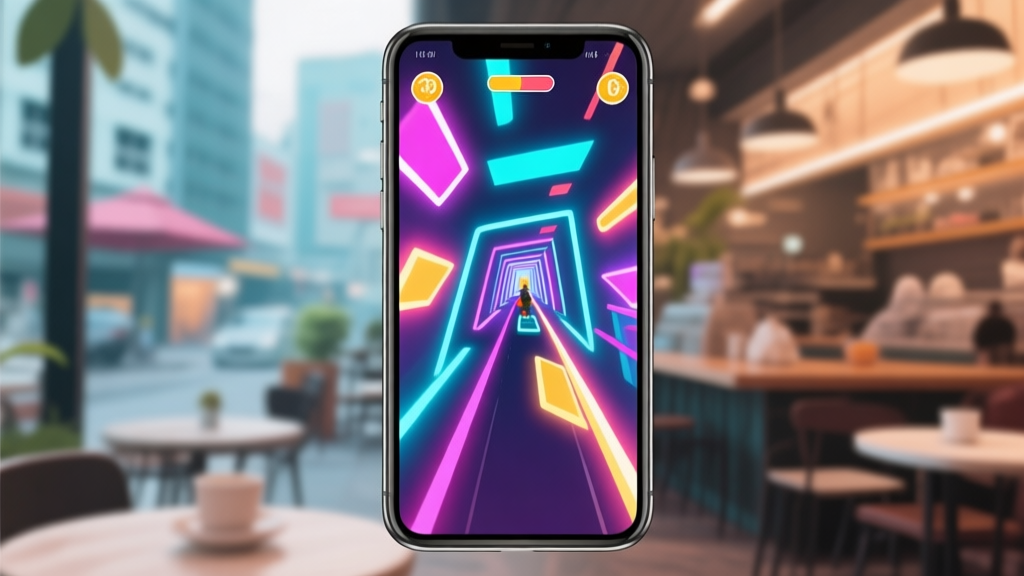 A modern smartphone screen displaying a vibrant, fast-paced tunnel runner game with neon geometric shapes, set against a blurred background of an Indonesian urban cafe, minimalist and dynamic style high quality illustration, detailed, 16:9