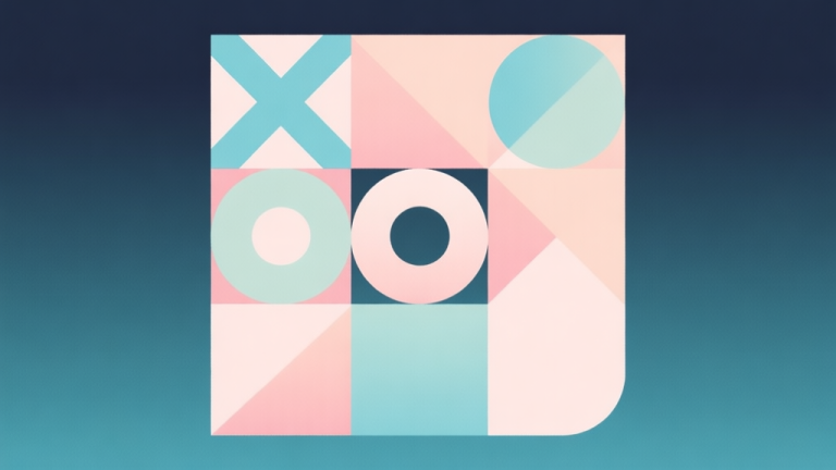 自动生成图片: Abstract geometric composition with overlapping X and O shapes on a 3x3 grid, soft pastel colors, modern minimal style, professional game theory concept illustration high quality illustration, detailed, 16:9