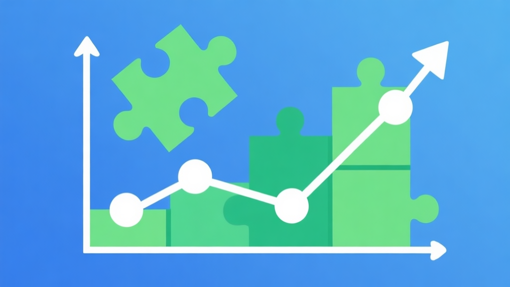 Upward trending graph with simple geometric elements, green and blue color palette, clean business infographic style, minimal design, showing puzzle pieces and connected nodes high quality illustration, detailed, 16:9